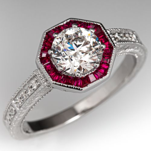 1 Carat Diamond Engagement Ring w/ Ruby Halo 14K White Gold 1.00ct F/I1 GIA