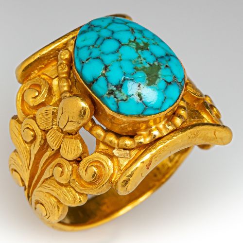 Oval Cabochon Turquoise Hand Engraved Ring 22K Yellow Gold