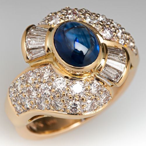 Estate Cabochon Blue Sapphire & Diamond Ring 14K Yellow Gold