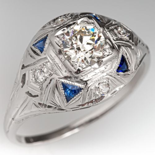 Art Deco Transitional Cut Diamond Ring w/ Blue Accents 18K White Gold