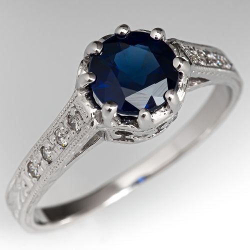 Etched Blue Sapphire Engagement Ring 18K White Gold 1.15ct