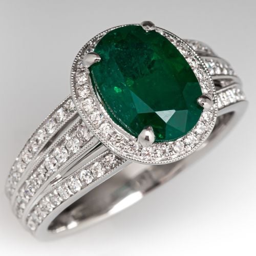 Stunning 2.50 Carat Oval Emerald Ring w/ Diamonds Platinum