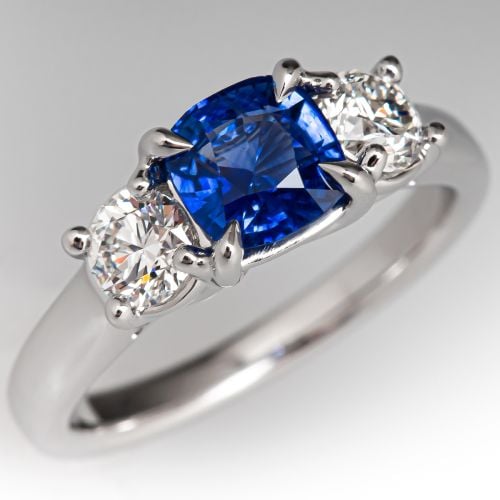 Cushion Sapphire & Diamond Engagement Ring 14K White Gold