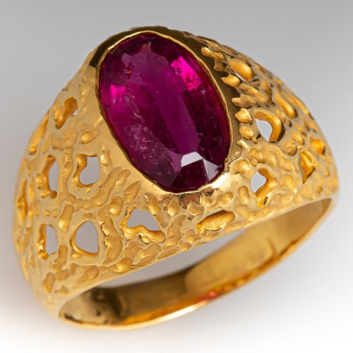 Pierced & Textured Rubellite Tourmaline Ring 18K Yellow Gold