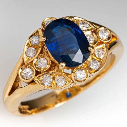 Gorgeous Oval Sapphire & Diamond Ring 14K Yellow Gold