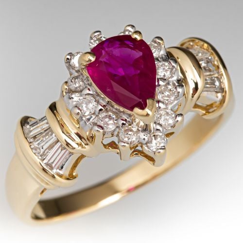 Attractive Pear Ruby & Diamond Ring 14K Yellow Gold
