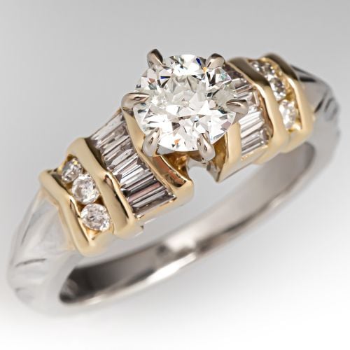 Two-Tone Old Euro Diamond Engagement Ring 14K Gold .62ct J/I3 GIA