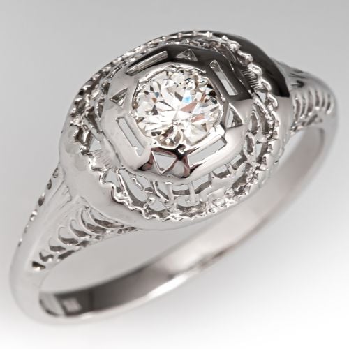 Antique Pierced Diamond Engagement Ring 10K/18K White Gold