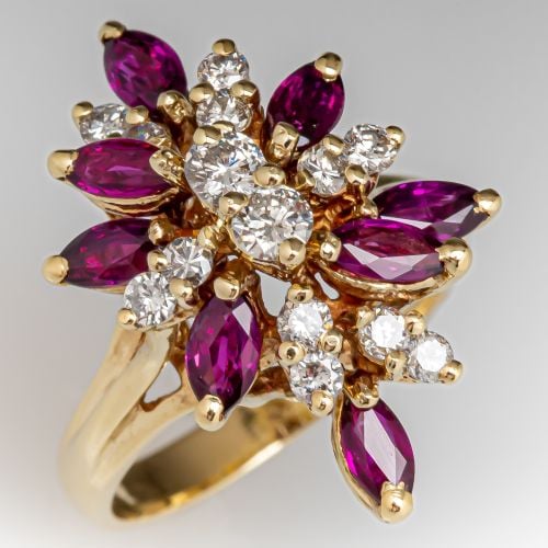 Marquise ruby & Diamond Spray Ring 14K Yellow Gold