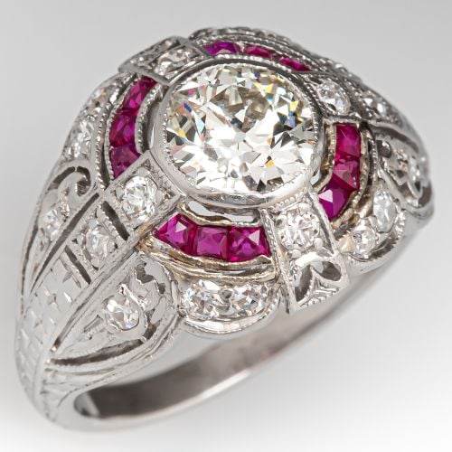 Circa 1920's Old Euro Diamond Ring w/ Ruby Accents Platinum .87ct M/VVS2