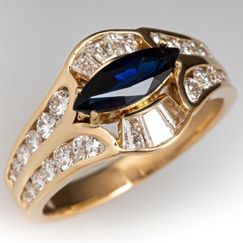 East-To-West Marquise Sapphire Diamond Ring 18K Yellow Gold