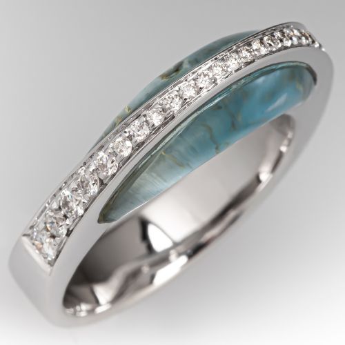Italian Made Blue Topaz & Diamond Ring 18K White Gold