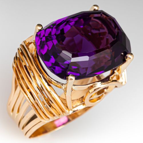 21ct Cushion Amethyst Cocktail Ring 18K Yellow Gold
