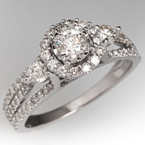 Lovely Diamond Halo Engagement Ring 14K White Gold