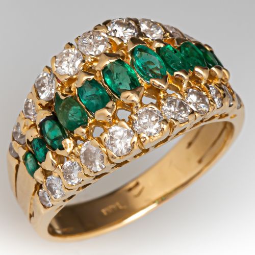 Marquise Emerald Diamond Band Ring 14K Yellow Gold