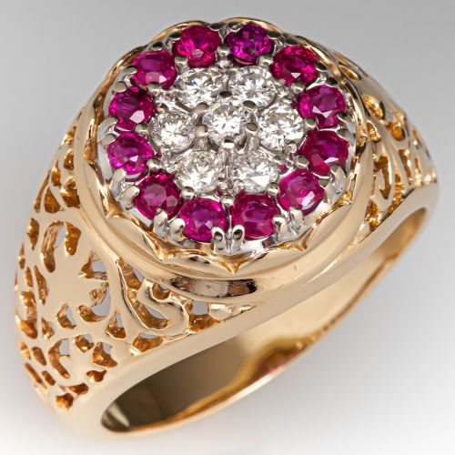 Lovely Pierced Ruby & Diamond Ring 14K Yellow Gold