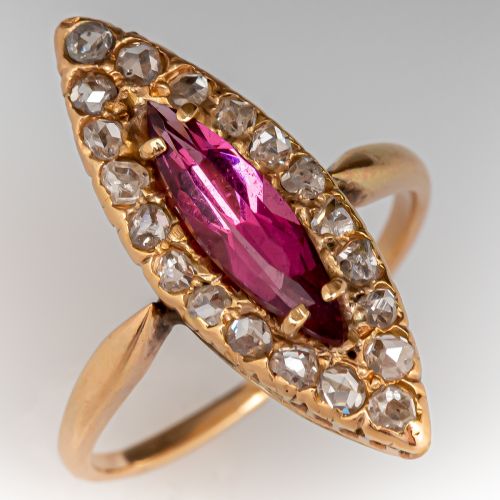 Late Victorian Marquise Rhodolite Garnet Diamond Ring 14K Yellow Gold