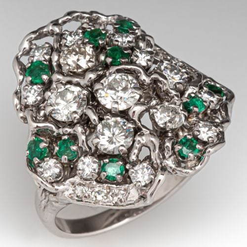 Pretty Emerald Diamond Cluster Ring 14K White Gold