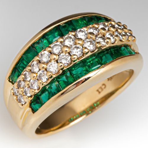 Beautiful Emerald Diamond Band Ring 14K Yellow Gold