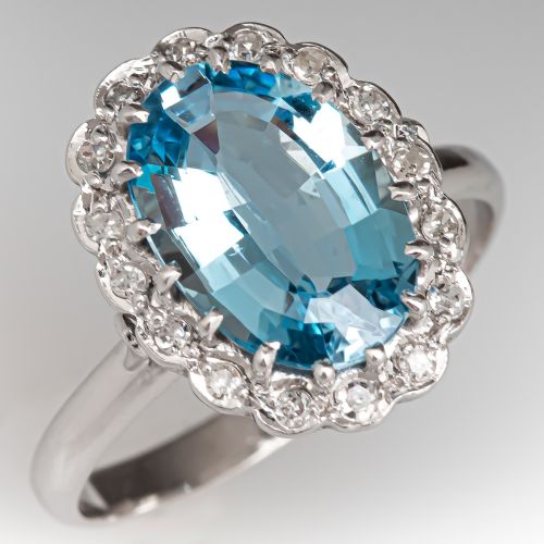 Oval Aquamarine Diamond Halo Ring 18K White Gold