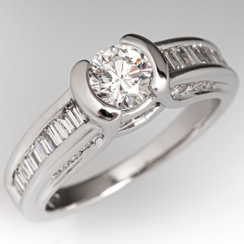 Semi Bezel Set Diamond Engagement Ring w/ Accents 14K White Gold