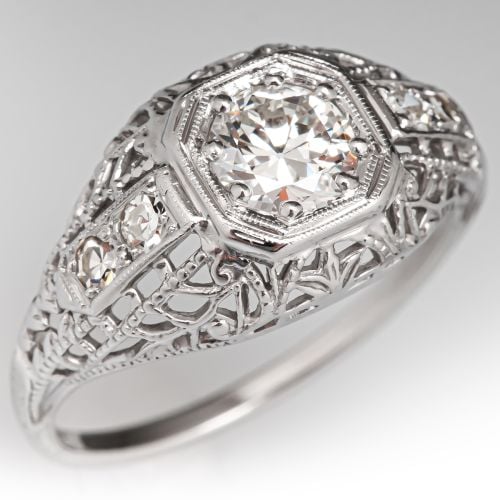 Antique 1930s Filigree Diamond Engagement Ring 18K White Gold .50ct F/VS2