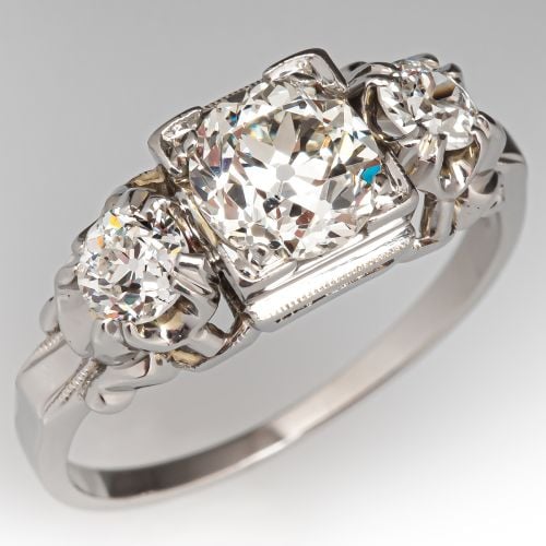 Vintage Three-Stone Old Euro Diamond Engagement Ring Platinum