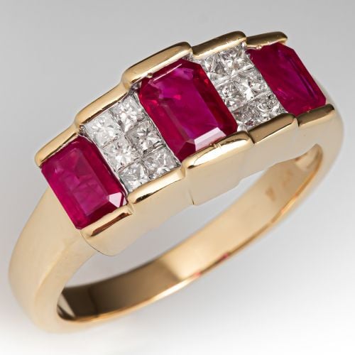 Emerald Cut Ruby & Invisible Set Diamond Band Ring 14K Yellow Gold
