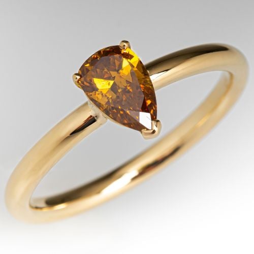 Fancy Deep Brownish-Yellow Pear Diamond Solitaire Engagement Ring 18K Yellow Gold