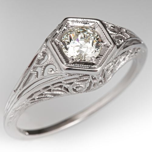 Vintage Filigree Diamond Engagement Ring 18K White Gold
