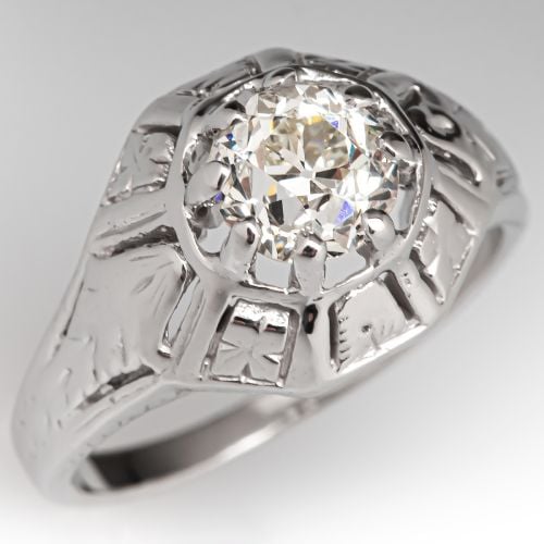Beautiful 1930's Engraved Diamond Engagement Ring 18K White Gold 1.09Ct L/VS1 GIA
