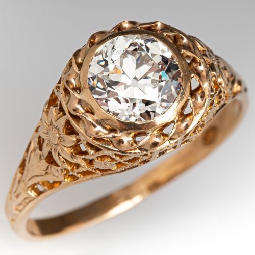 Floral Motif Old Euro Diamond Engagement Ring Yellow Gold 1.35CT L/VS1 GIA