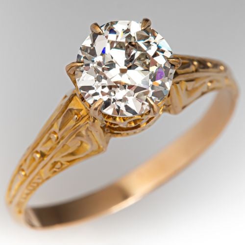 Vintage Diamond Engagement Ring w/ Engraved Shoulders Yellow Gold 1.00Ct L/SI1 GIA 