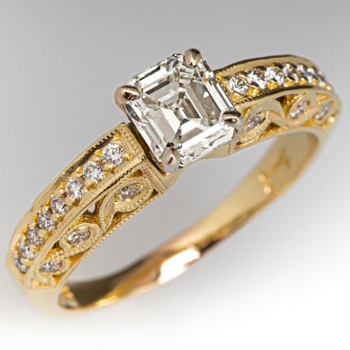 Simon G. Emerald Cut Diamond Engagement Ring 18K Yellow Gold .94Ct O-P/VS2 GIA 