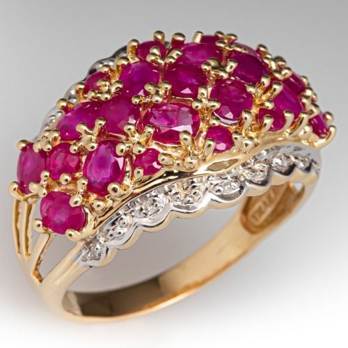 Ruby Cluster Wide Band Ring 14K Yellow Gold