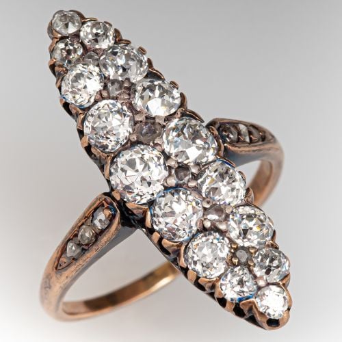 Victorian Antique Navette Diamond Ring 14K Yellow Gold & Silver