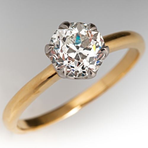 Solitaire Old Euro Diamond Ring 18K Yellow Gold/ Platinum 1.27Ct L/VS1 GIA