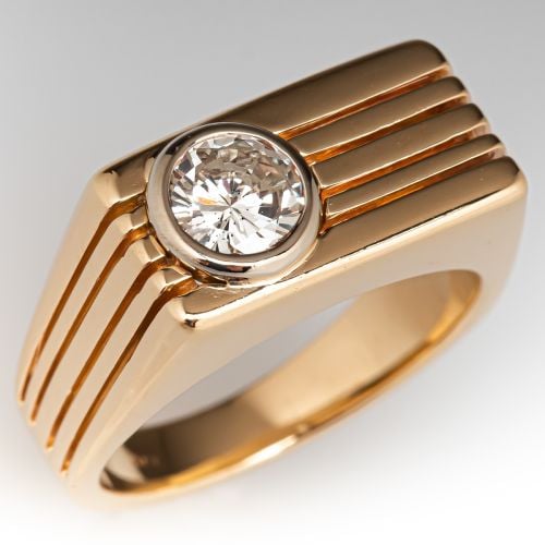 Mens Etched Row Bezel Diamond Ring 14K Yellow Gold