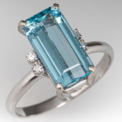 Elongated Emerald Cut Aquamarine Ring w/ Diamond Accents 18K White Gold