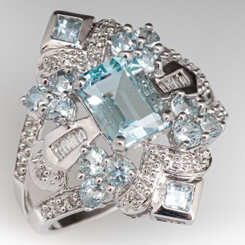 Beautiful Aquamarine & Diamond Dinner Ring White Gold 