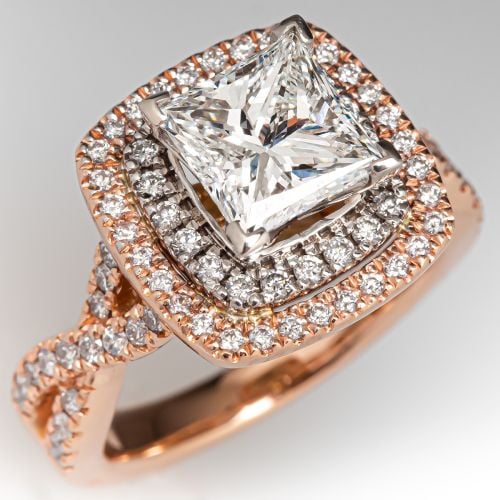 Double Halo Princess Diamond Engagement Ring 14K Rose Gold 1.70Ct G/VS2 GIA