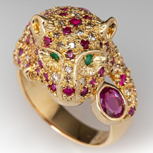 Ruby & Emerald Cat Ring w/ Diamonds 14K Yellow Gold