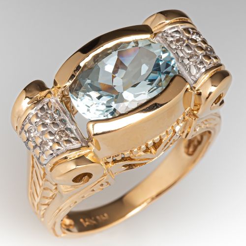 Etruscan Revival Style Oval Aquamarine Ring 14K Yellow Gold