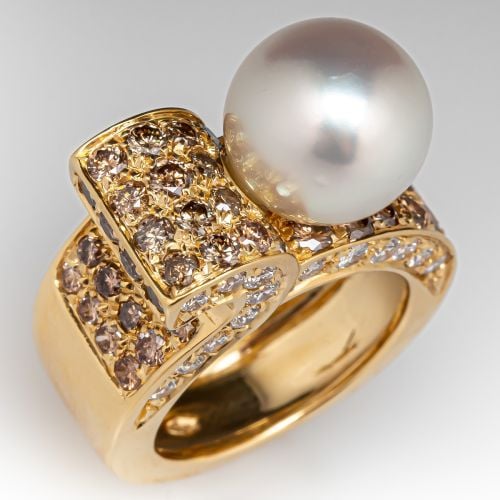Fantastic South Sea Pearl & Diamond Ribbon Ring 18K Yellow Gold