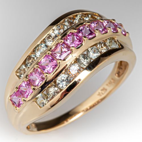 Pretty Pink & Green Sapphire Band Ring Yellow Gold