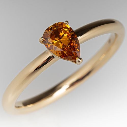 Fancy Intense Orangey-Yellow Pear Diamond Ring 18K Yellow Gold
