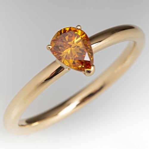 Fancy Intense Orangey-Yellow Pear Diamond Solitaire Ring 18K Yellow Gold 