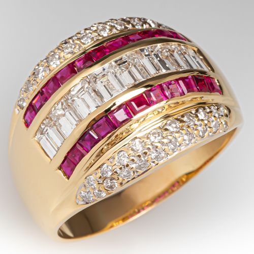 Lovely Ruby & Diamond Wide Band Ring 18K Yellow Gold 