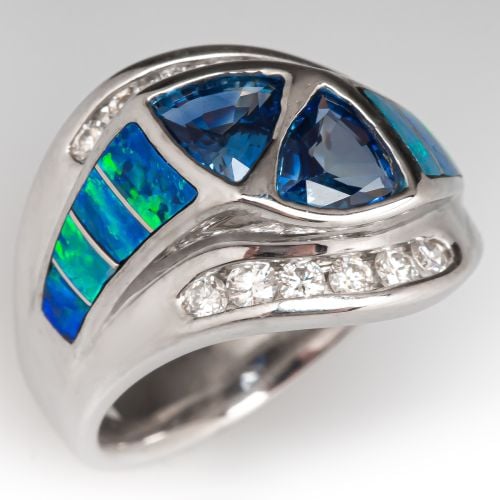 Sapphire & Black Opal Inlay Ring 18K White Gold  