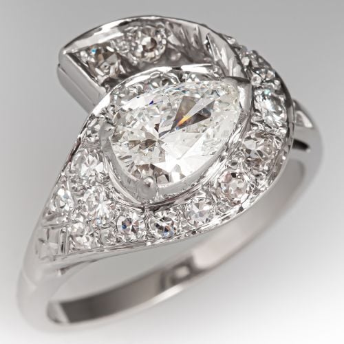 Pear Brilliant Diamond Ribbon Engagement Ring 14K White Gold
